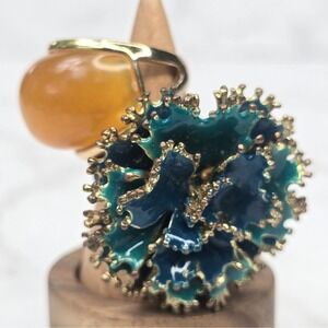 Vintage RA Signed Teal Enamel Floral Stretch Ring & Yellow Cabochon Dome Ring